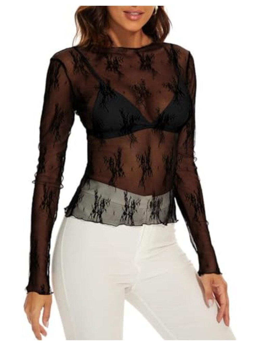 Mesh Sheer Long Sleeve Top Lace Floral Layering T Shirt Women Y2K